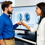 A professional male and female mechanical design engineer in modest business casual attire, fully clothed, are collaborating intently in a bright, modern engineering office. They are pointing at a large digital screen displaying a complex 3D CAD model of a machine component. Various computer workstations, design sketches, and industrial machinery models are visible in the background, creating an atmosphere of innovation and teamwork. Professional photography, high quality, safe for work, appropriate content, perfect anatomy, correct proportions, natural pose, well-formed hands, proper finger count, natural body proportions, professional dress, family-friendly.