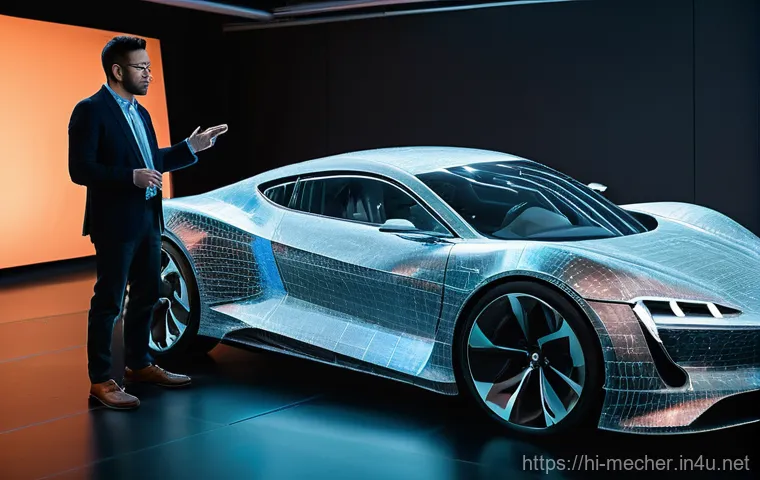 기계설계와 자동차 부품 설계 사례 - **Prompt:** A futuristic, high-tech automotive design studio. Engineers are intently focused on larg...