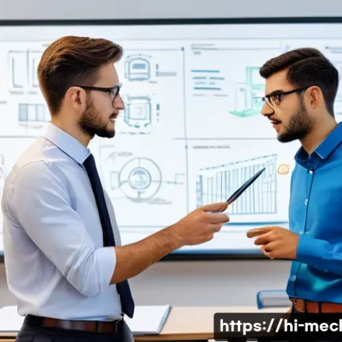 기계설계기사와 협력사의 의사소통 사례 - **Collaborative Engineering Problem-Solving Session:**
    "A brightly lit, modern meeting room. Two...