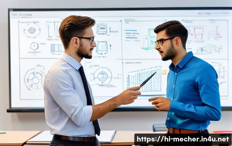 기계설계기사와 협력사의 의사소통 사례 - **Collaborative Engineering Problem-Solving Session:**
    "A brightly lit, modern meeting room. Two...