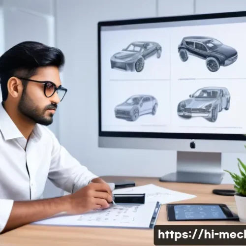 기계설계 분야 이직 성공 노하우 - A detailed, realistic office scene showing a young Indian professional man focused on learning CAD s...