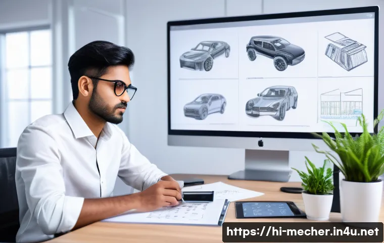 기계설계 분야 이직 성공 노하우 - A detailed, realistic office scene showing a young Indian professional man focused on learning CAD s...